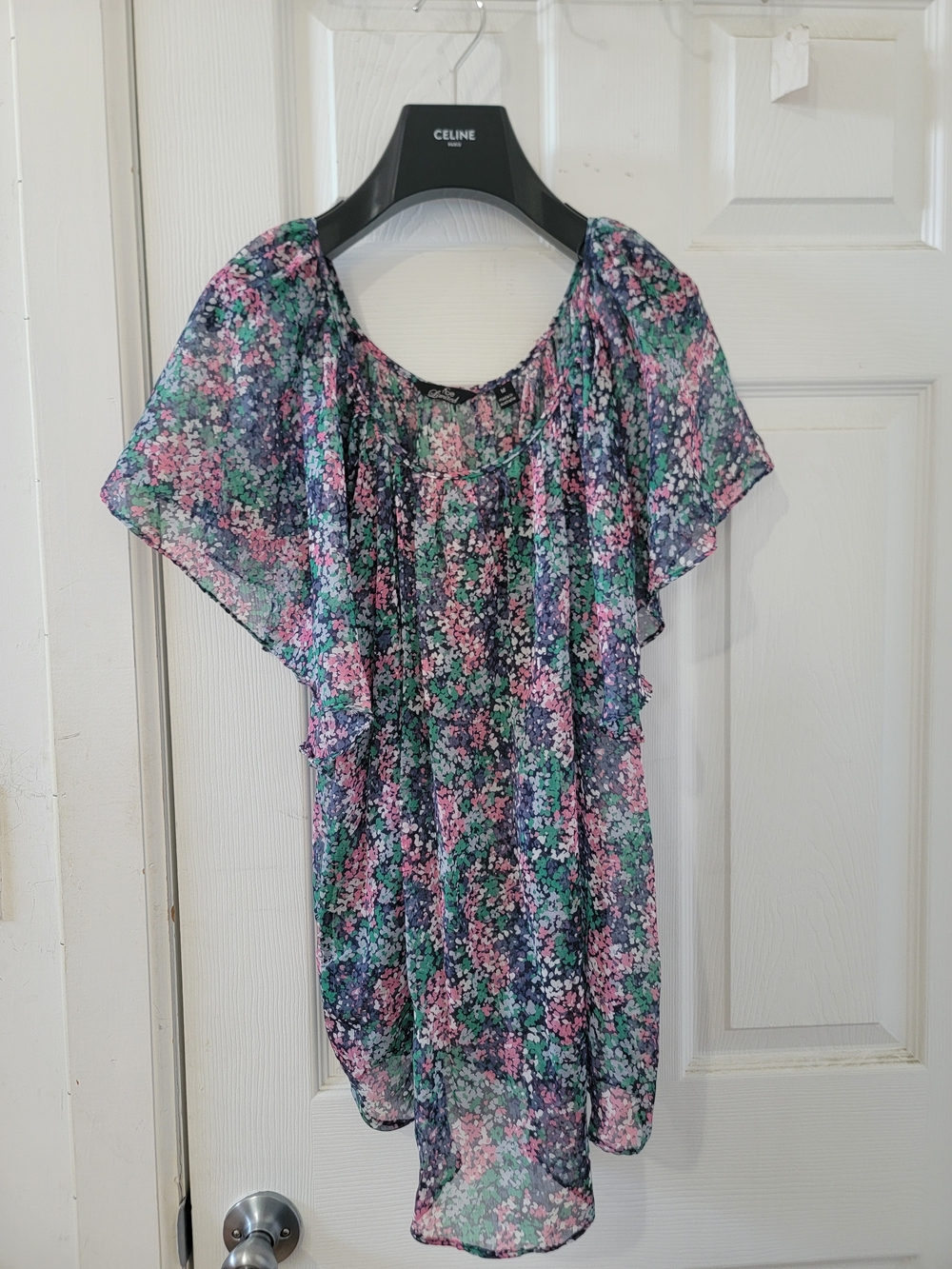 Ripe Limited Floral Sheer Flutter-Sleeve Women’s Top - Pink & Green